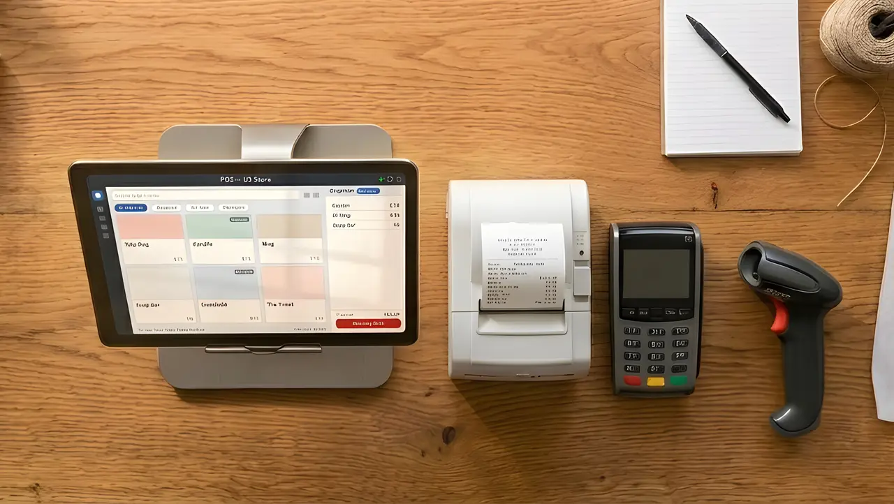 A shop counter with a tablet running the WCPOS register, a receipt printer, a card terminal and a barcode scanner